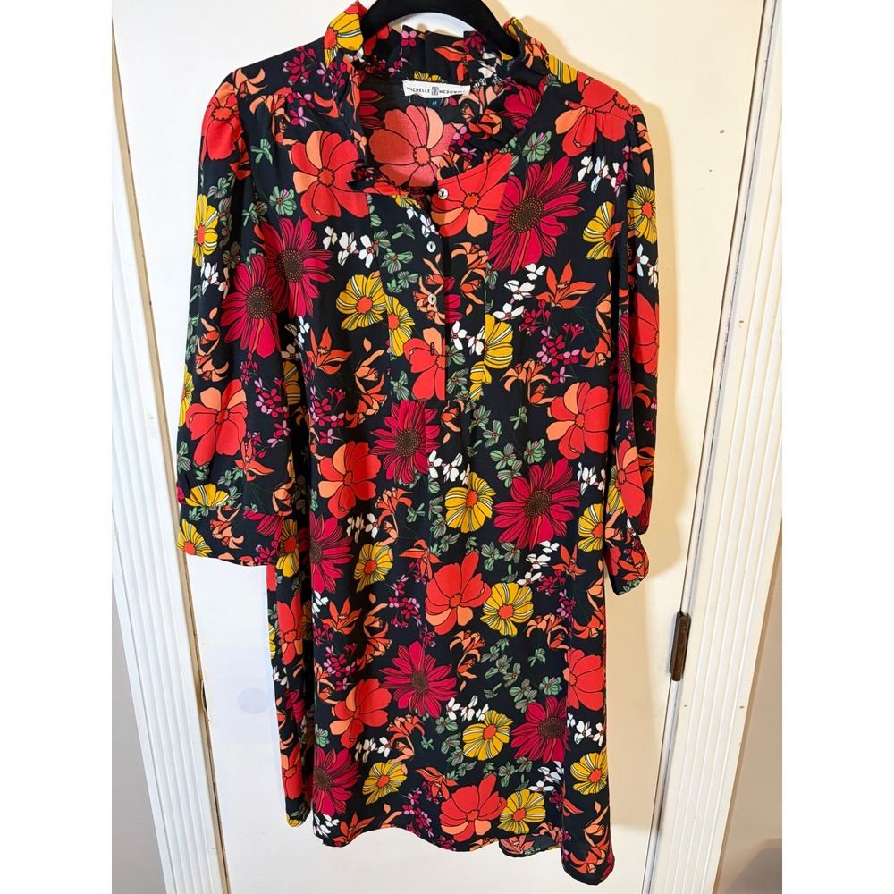 Michelle McDowell Floral Ruffle Neck Shift Dress Black Red Yellow Medium